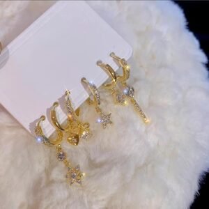 Crystal Crescent Moon Dangle Earrings, Gold-Plated, Star Charm with Cubic Zirconia