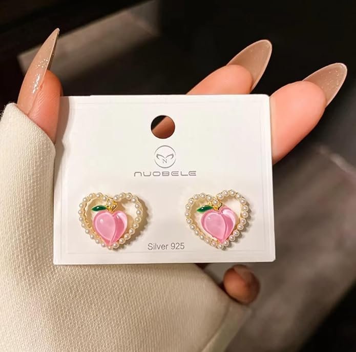 Pearl Heart Stud Earrings with Pink Peach Design, Gold-Toned - Image 4