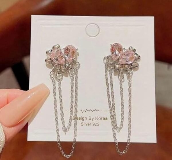 Crystal Drop Chain Earrings, Pink Teardrop Gems, Silver-Tone Dangle Chains - Image 3