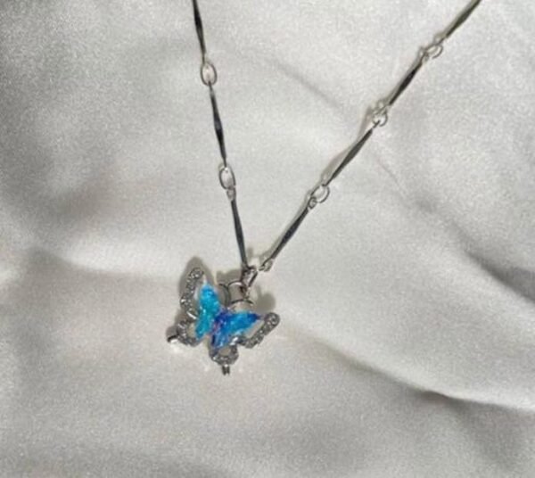 Blue Butterfly Crystal Pendant Necklace, Silver Chain - Image 2