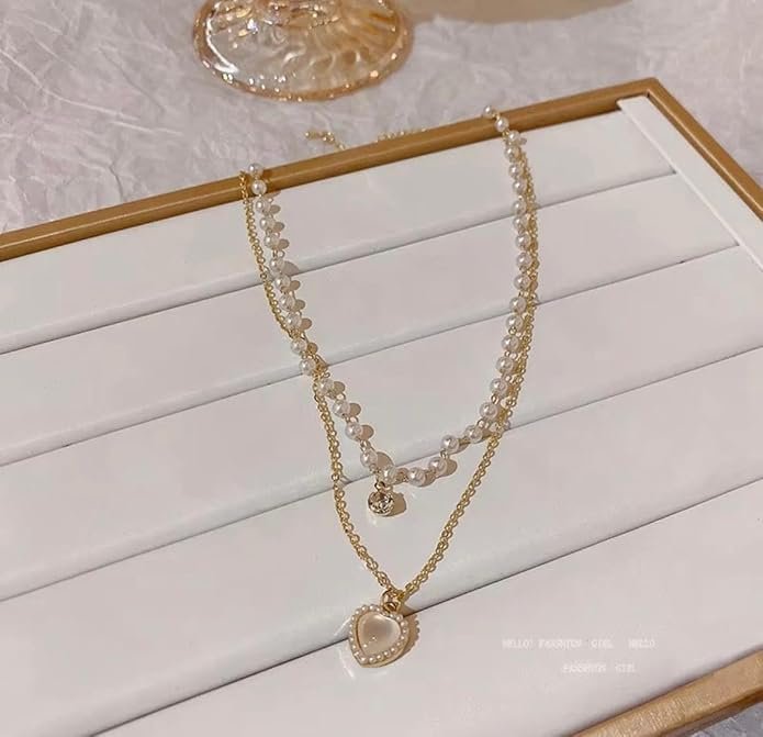 Layered Pearl Heart Pendant Necklace, Double Strand Fashion Jewelry - Image 2
