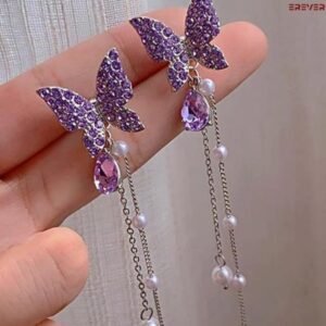 Crystal Butterfly Drop Earrings with Pearl Beads, Purple, Silver Chain Dangle