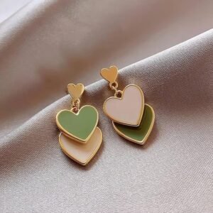 Triple Heart Drop Earrings, Gold-Plated, Pink and Sage Green Enamel