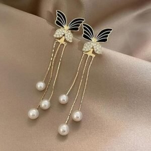 Butterfly Pearl Drop Earrings, Black Enamel Wings with Crystal Rhinestones 3 Pearl Beads
