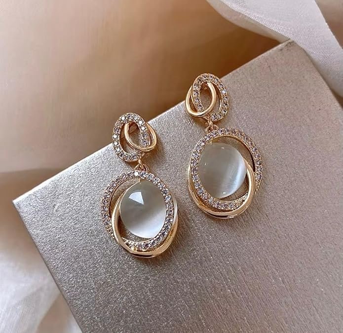 Elegant Moonstone Drop Earrings, Gold-Plated Crystal Rhinestone Halo Design, Oval Cat's Eye Stone - Image 4