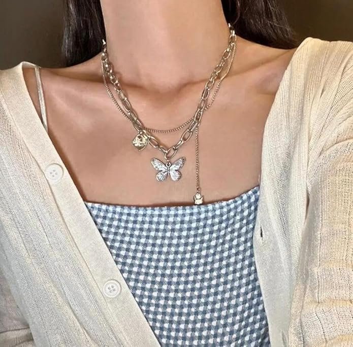 Layered Chain Necklace with Butterfly Pendant, Silver, Double Strand Design - Image 2