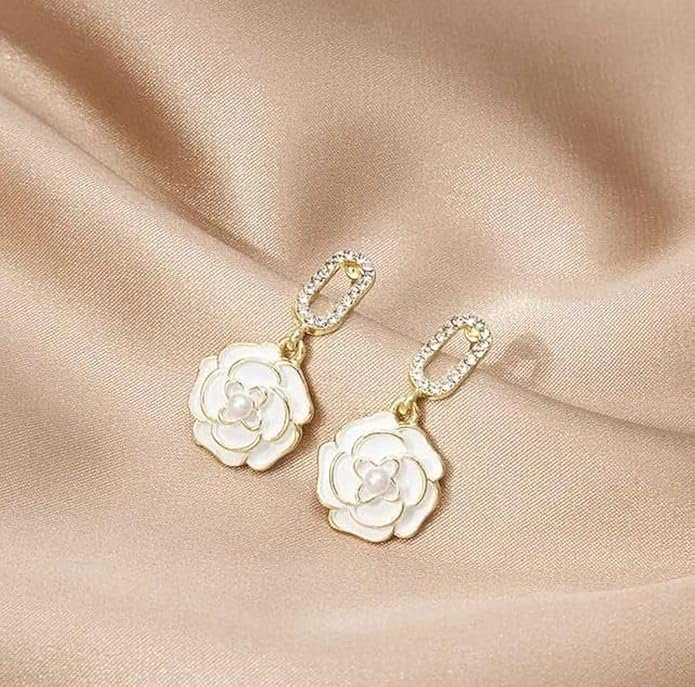 Elegant White Rose Drop Earrings, Pearl Centre, Gold-Toned