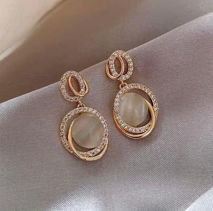 Elegant Moonstone Drop Earrings, Gold-Plated Crystal Rhinestone Halo Design, Oval Cat's Eye Stone - Image 3