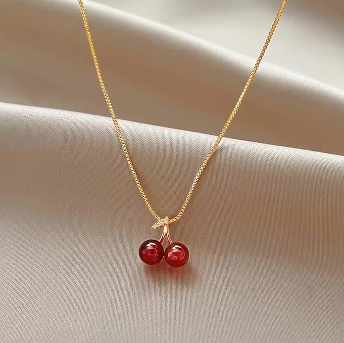 Dainty Cherry Pendant Necklace, Gold-Plated Chain, Red Enamel Charm