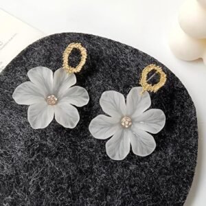 White Shell Flower Drop Earrings with Gold-Tone Textured Ring