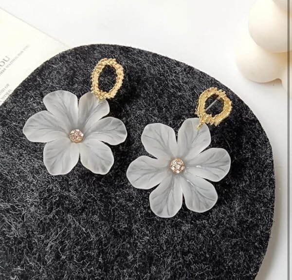 White Shell Flower Drop Earrings with Gold-Tone Textured Ring
