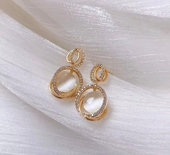 Elegant Moonstone Drop Earrings, Gold-Plated Crystal Rhinestone Halo Design, Oval Cat's Eye Stone