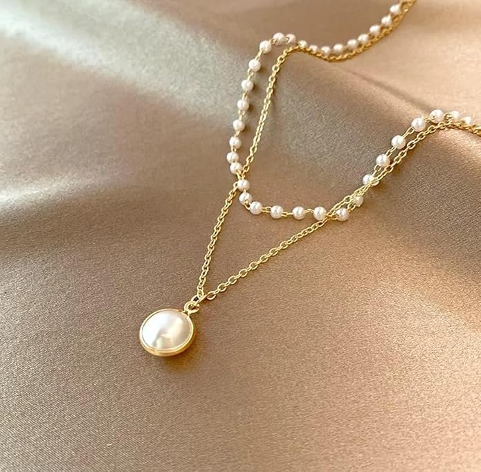 Layered Pearl Necklace, Gold-Plated Chain with Pearl Pendant, Double Strand Design
