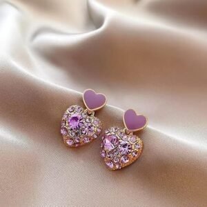 Heart-Shaped Drop Earrings, Gold-Toned, Lavender Crystal Rhinestones, Purple Enamel