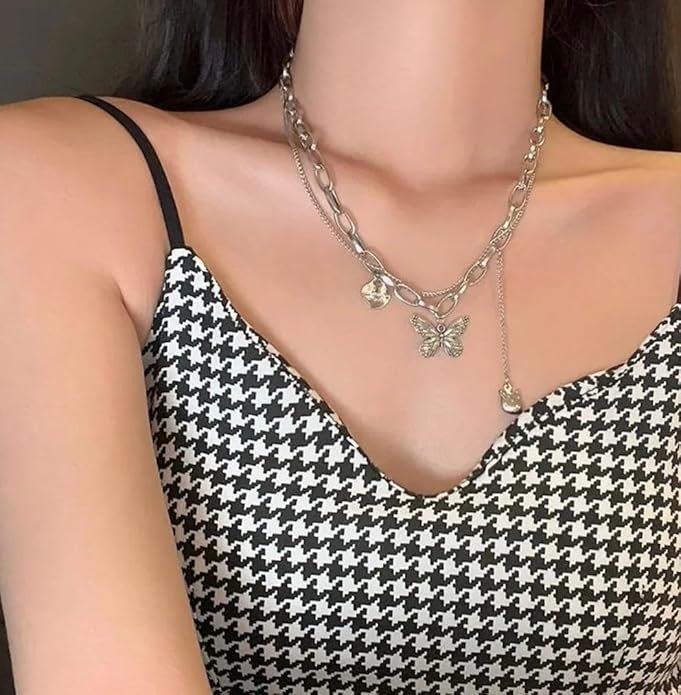 Layered Chain Necklace with Butterfly Pendant, Silver, Double Strand Design