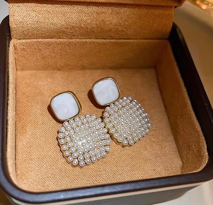 Pearl Drop Earrings, Square Mother of Pearl Stud