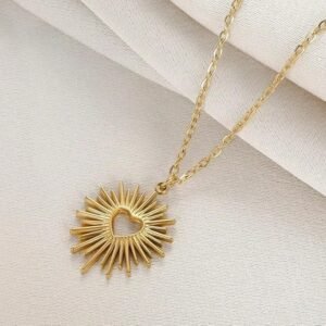 Gold Tone Sunburst Heart Pendant Necklace, Delicate Chain