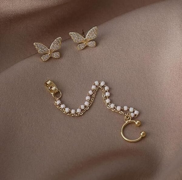 Asymmetric Crystal Butterfly Double Chain Ear Cuff with Pearl Beads, Gold-Toned - Image 4