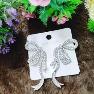 Crystal Rhinestone Bow Earrings, Double Ribbon Design, Silver