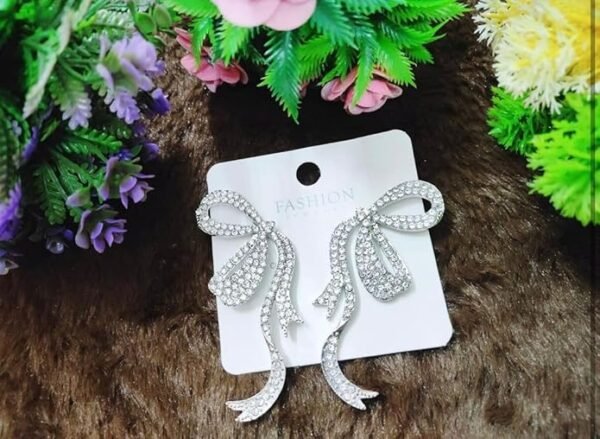 Crystal Rhinestone Bow Earrings, Double Ribbon Design, Silver