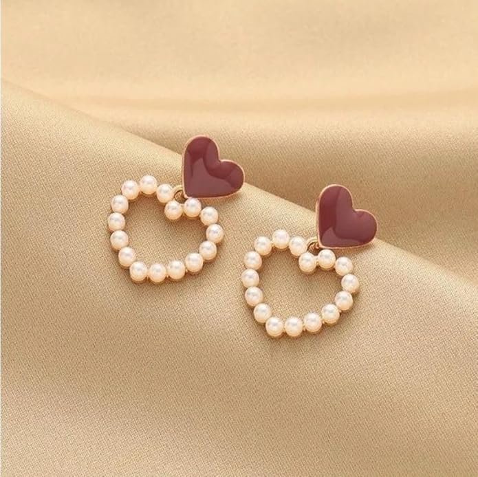 Heart Pearl Drop Earrings, Red Enamel Heart with Faux Pearl Circle