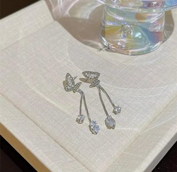 Crystal Butterfly Drop Earrings, Dangle Design with Rhinestones - Image 3
