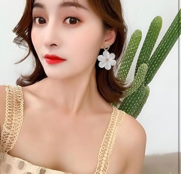 White Shell Flower Drop Earrings with Gold-Tone Textured Ring - Image 4