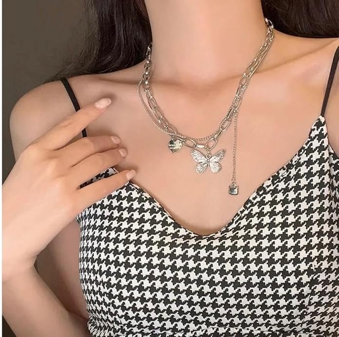 Layered Chain Necklace with Butterfly Pendant, Silver, Double Strand Design - Image 5