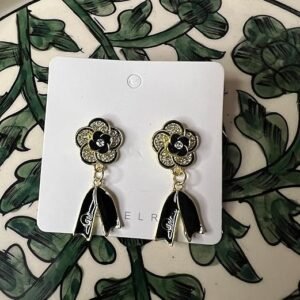 Crystal Flower Drop Earrings with Black Bow