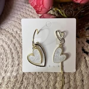 Heart-Shaped Silver Tone Drop Earring, White and Black (2 Color)