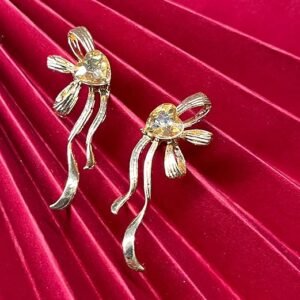 Heart-Shaped Citrine Drop Earrings, Silver Ribbon Design