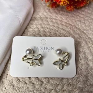Pearl and Butterfly Stud Earrings, White and Gold