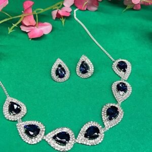 Crystal Teardrop Necklace Set with Blue Gemstones, Silver Chain, Earrings Included