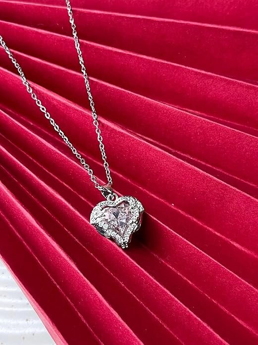 Heart-Shaped Crystal Pendant Necklace, Pink Stone with Rhinestone Border