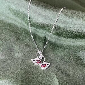 Swan Pendant Necklace with Red Crystal and Cubic Zirconia, 45 cm Chain