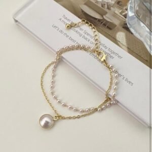 Double Layer Pearl Chain Anklet with Round Pearl Pendant