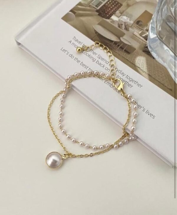 Double Layer Pearl Chain Anklet with Round Pearl Pendant