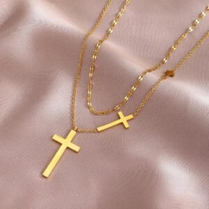 Layered Cross Pendant Necklace Set, Gold Plated Chain