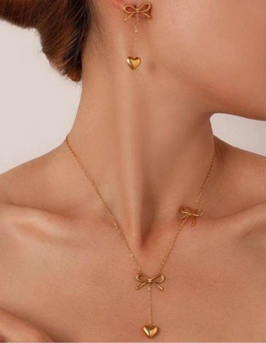 Dainty Gold-Toned Double Bow Heart Pendant Necklace, Chain Style - Image 3