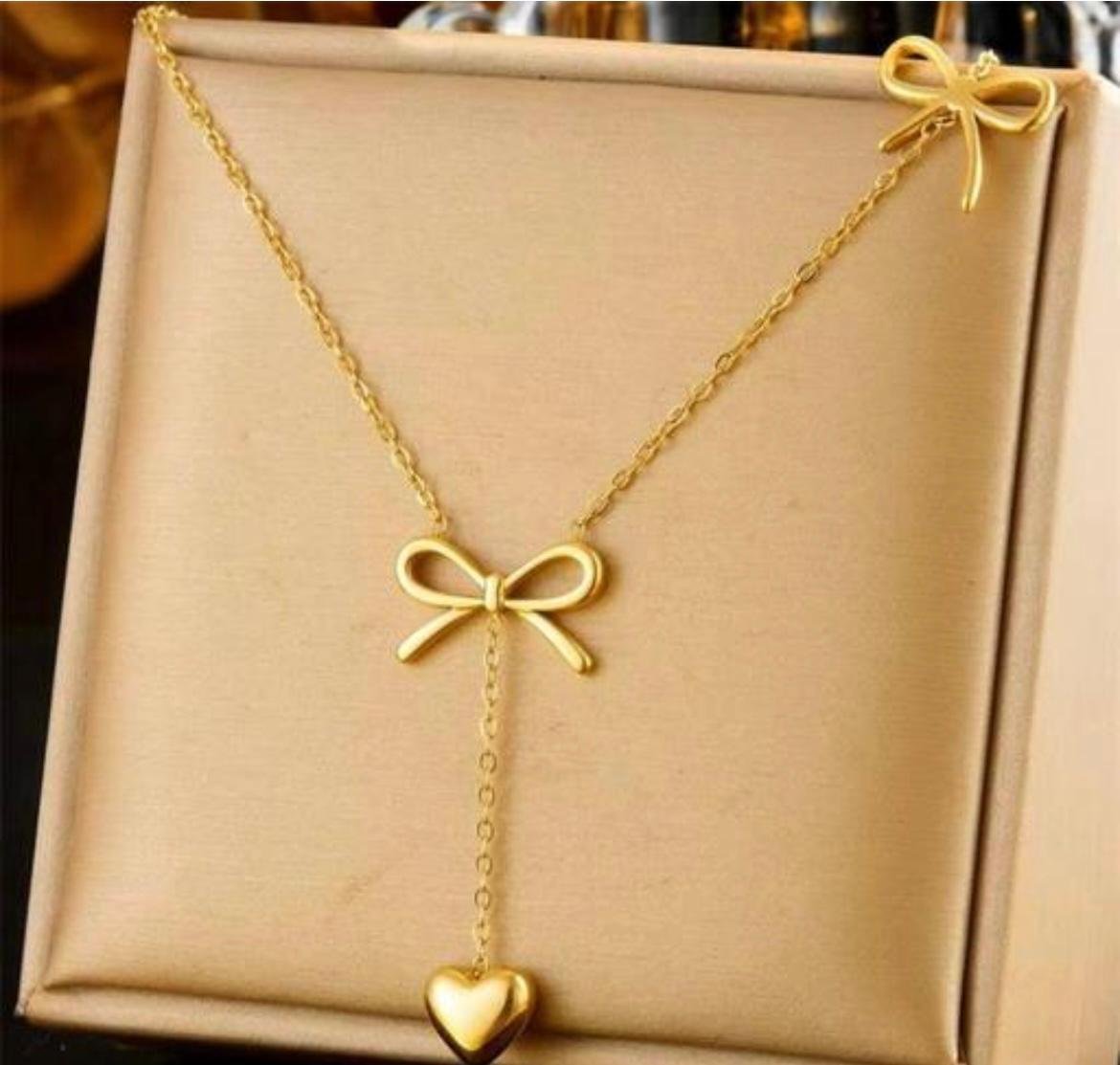Dainty Gold-Toned Double Bow Heart Pendant Necklace, Chain Style - Image 2