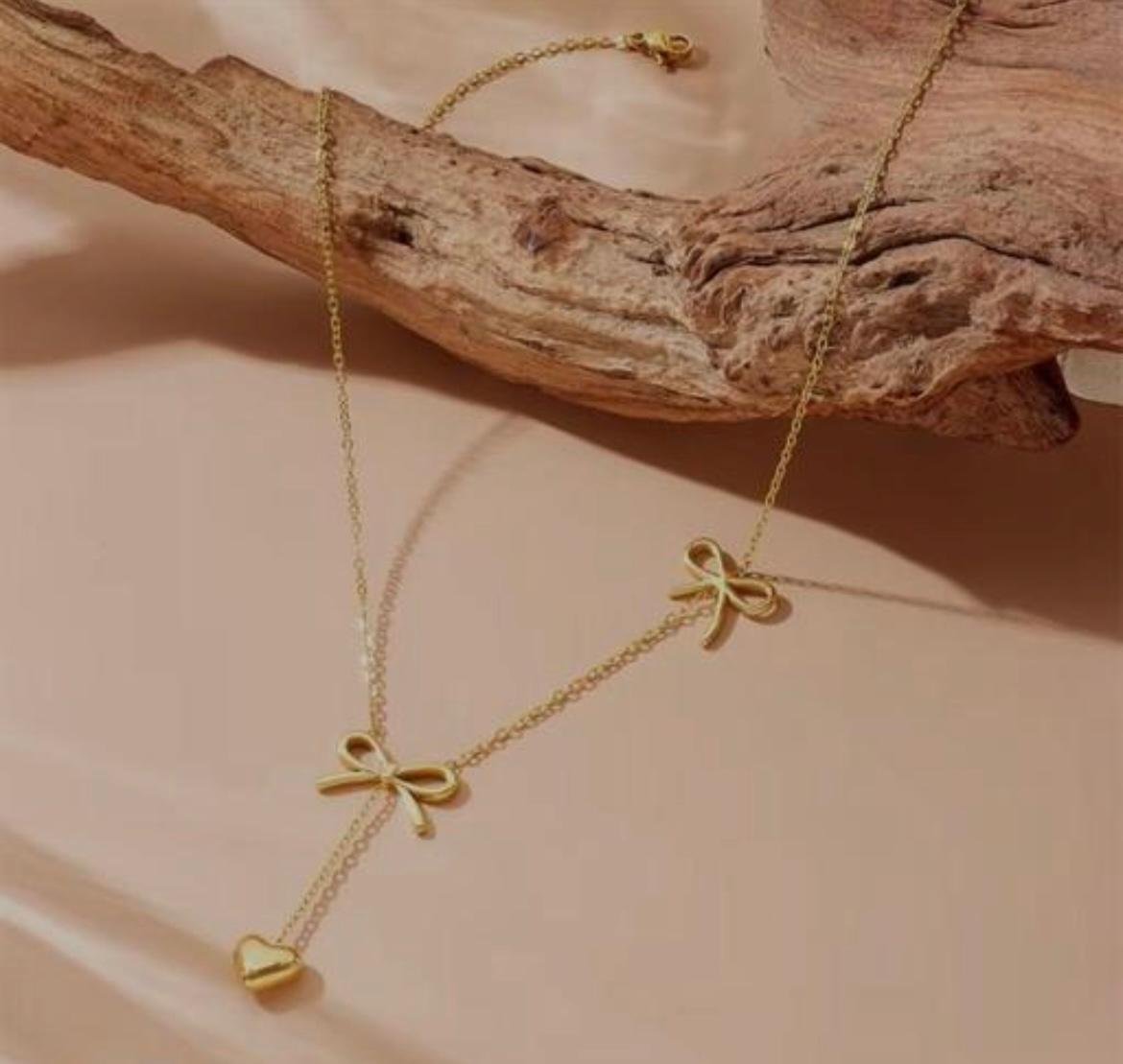 Dainty Gold-Toned Double Bow Heart Pendant Necklace, Chain Style - Image 5