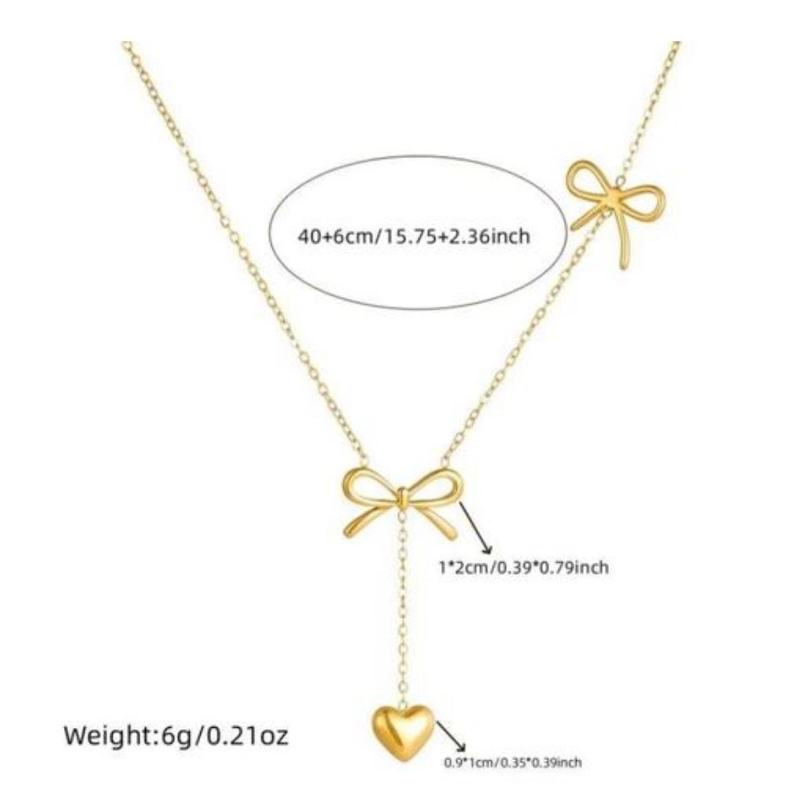 Dainty Gold-Toned Double Bow Heart Pendant Necklace, Chain Style - Image 6