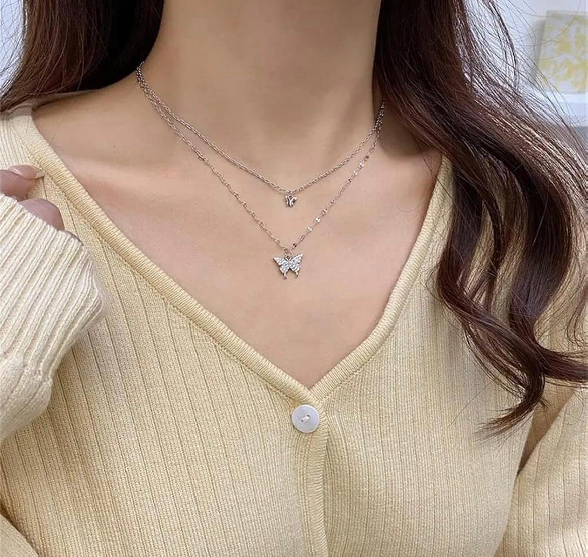 Layered Butterfly Pendant Necklace, Crystal Rhinestone, Silver and Gold Color - Image 6