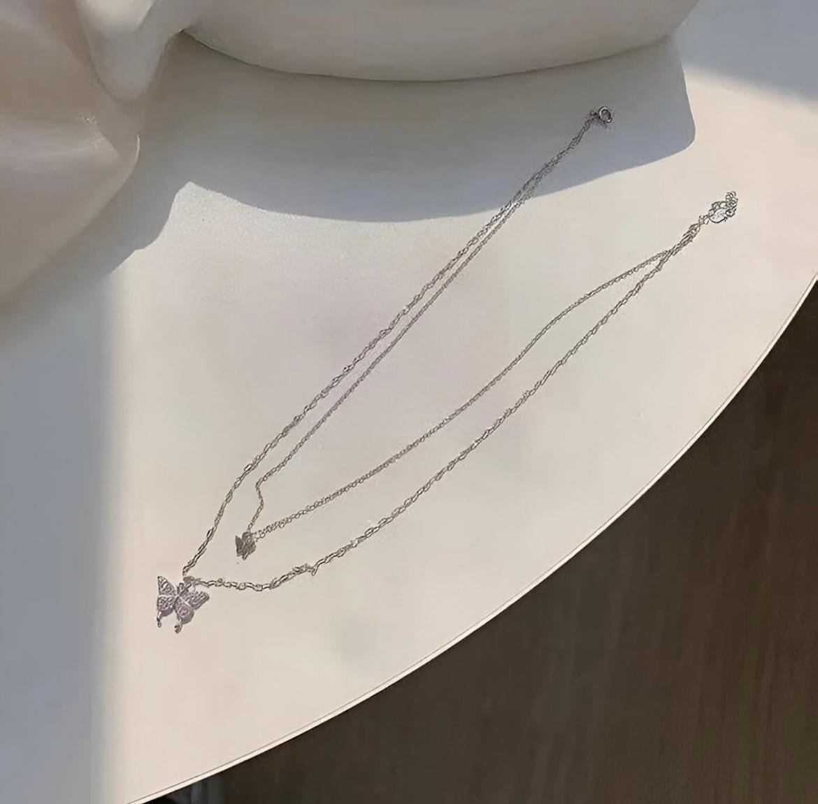 Layered Butterfly Pendant Necklace, Crystal Rhinestone, Silver and Gold Color - Image 9