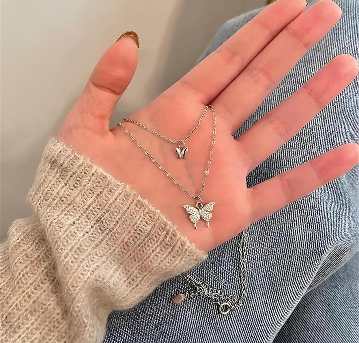 Layered Butterfly Pendant Necklace, Crystal Rhinestone, Silver and Gold Color - Image 2