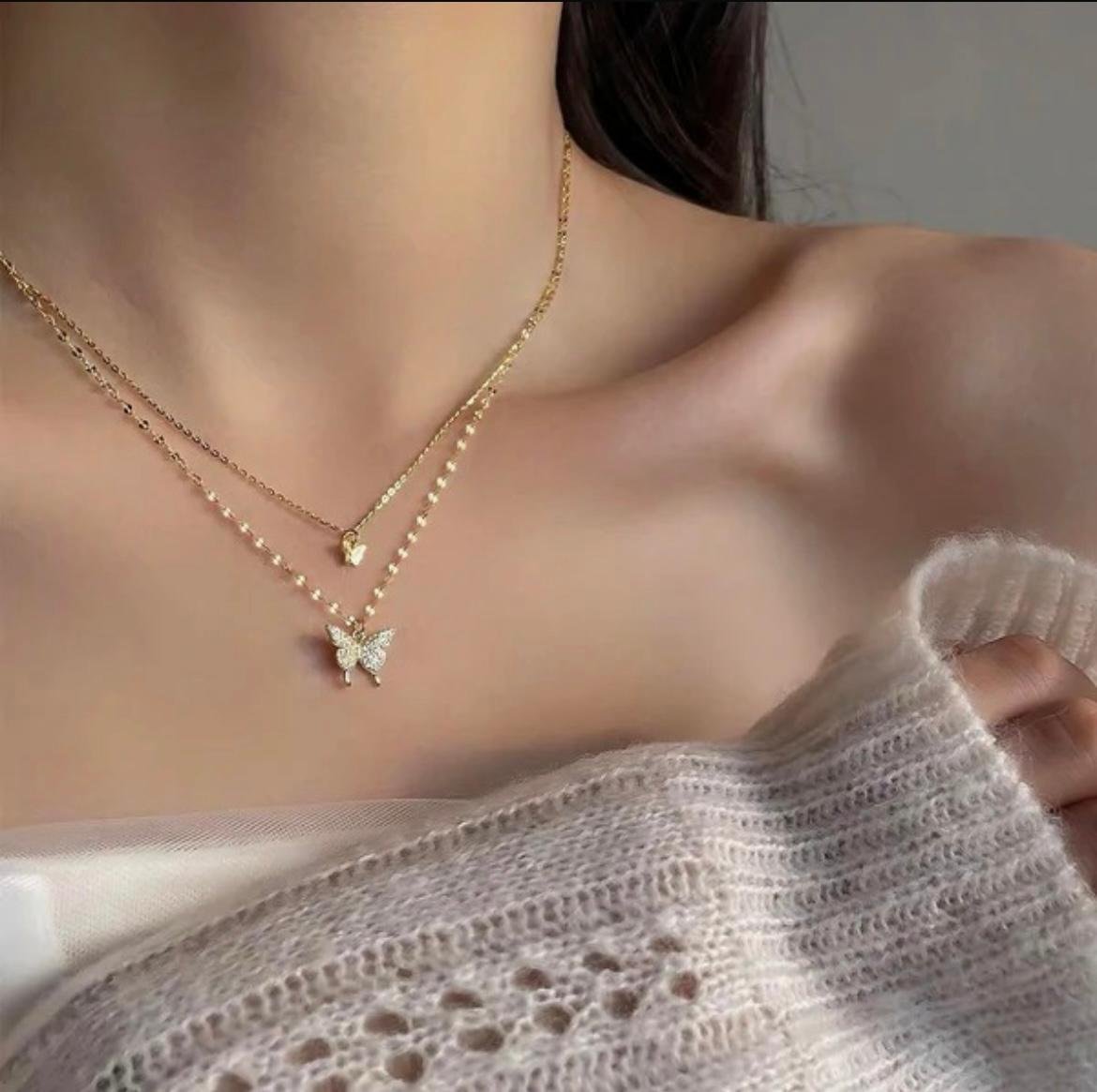 Layered Butterfly Pendant Necklace, Crystal Rhinestone, Silver and Gold Color - Image 10