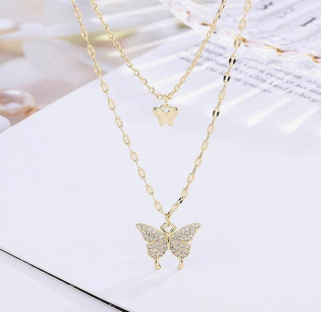 Layered Butterfly Pendant Necklace, Crystal Rhinestone, Silver and Gold Color - Image 5