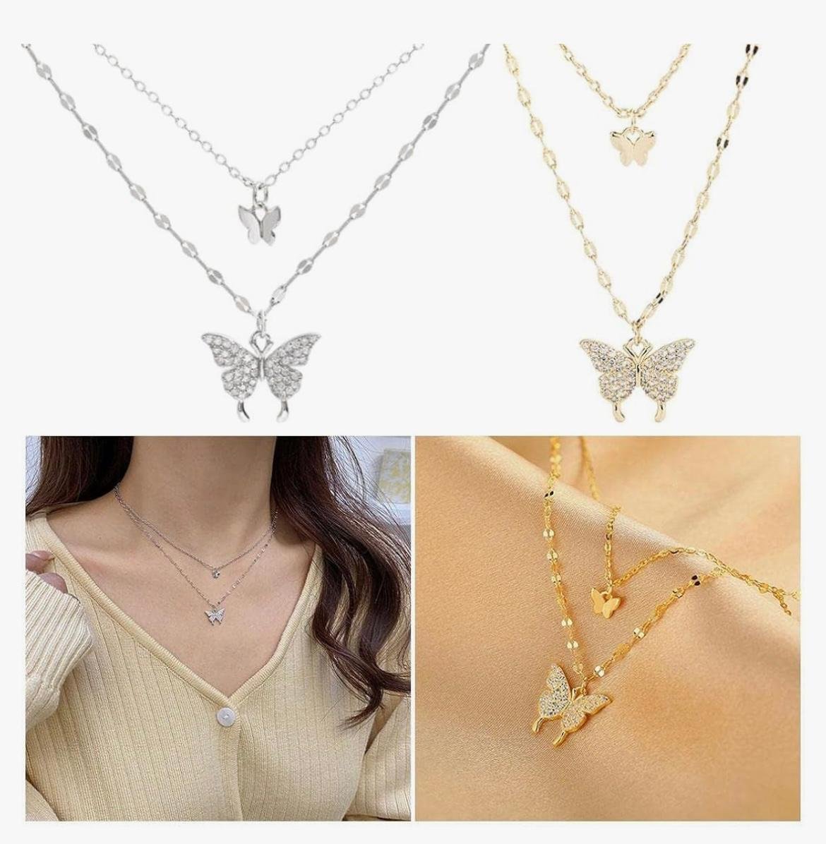 Layered Butterfly Pendant Necklace, Crystal Rhinestone, Silver and Gold Color