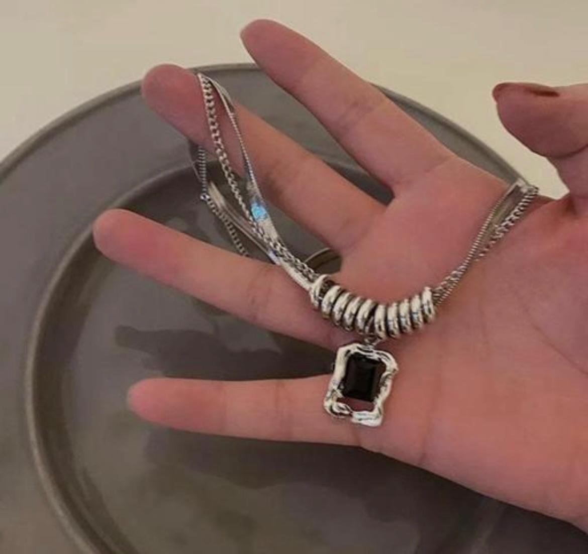 Elegant Silver Snake Chain Necklace with Black and white Stone Pendant, Twisted Rope Design - Image 2