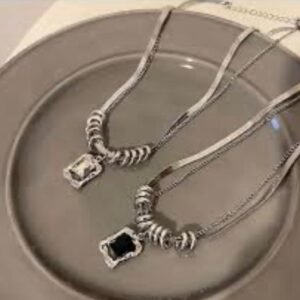 Elegant Silver Snake Chain Necklace with Black and white Stone Pendant, Twisted Rope Design